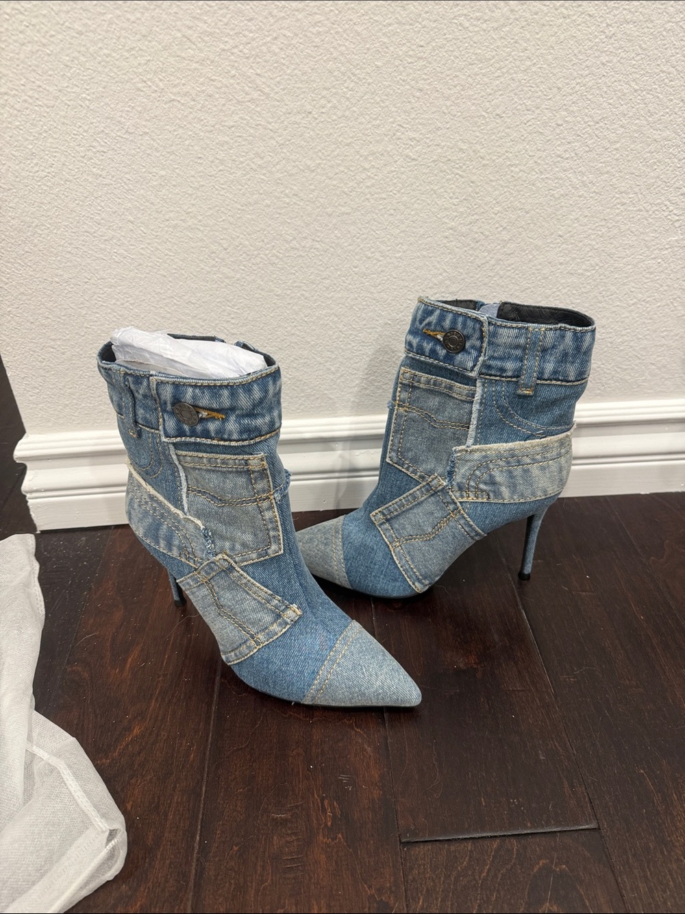 Jeffrey Campbell Denim Patchwork Pointed-Toe Stiletto Ankle Boots - Blue